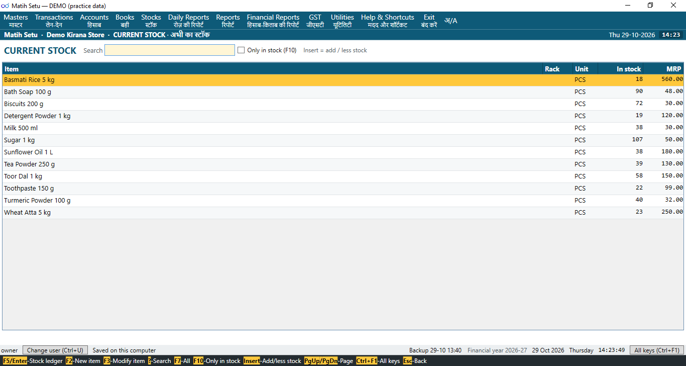 Matih Setu's current stock list